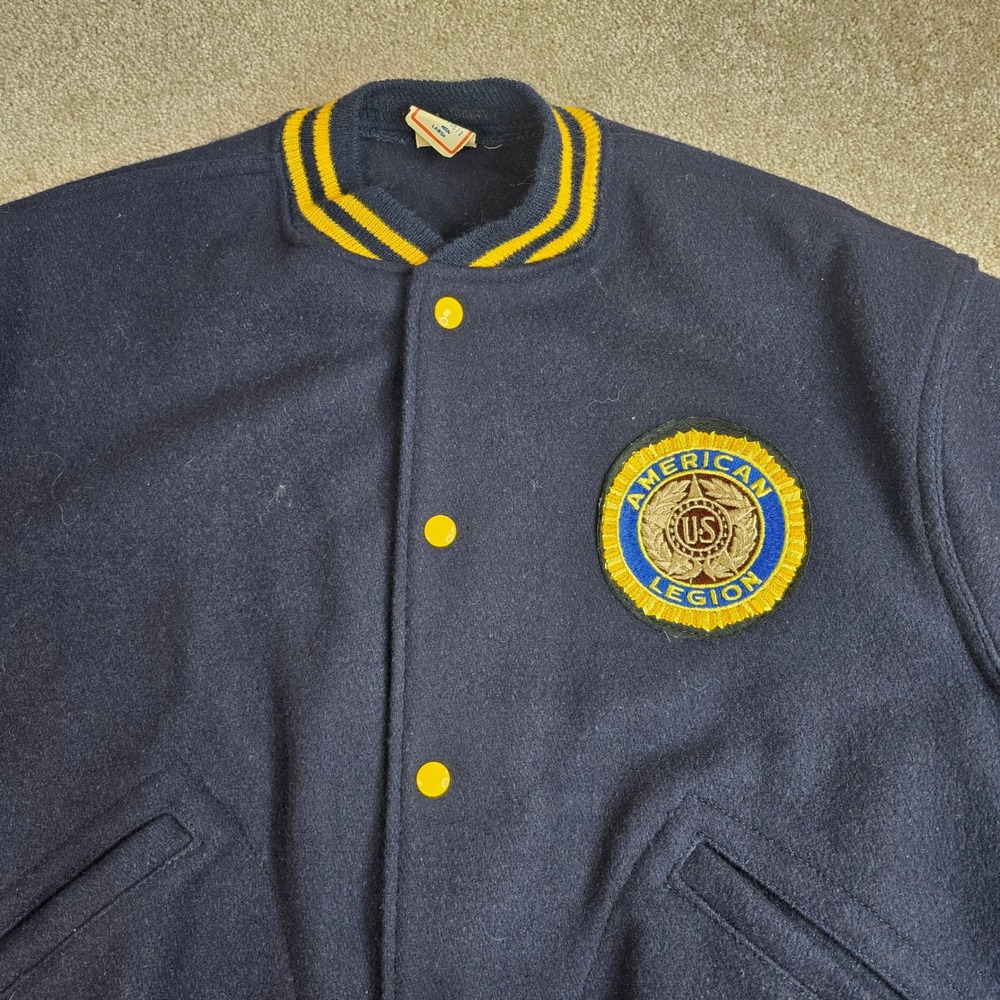 Vintage American Legion Wool Varsity Jacket Navy Blue Yellow Men Large P-66119